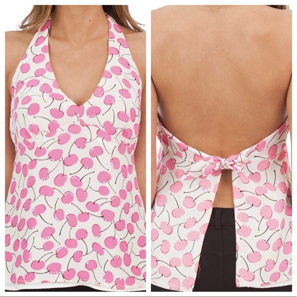 Nanette Lepore Cherry Print Ruffle Tie Halter Top